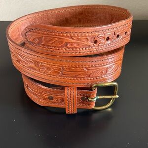 Leather Tooled Embossed Belt with Brass Buckle